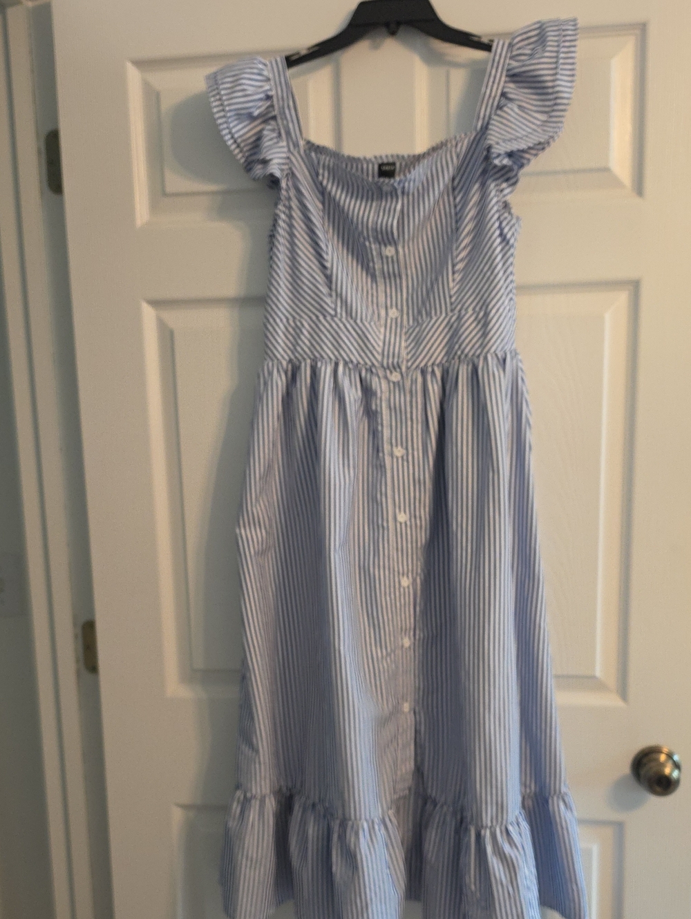 SHEIN Blue & White Striped Ruffle-Sleeve Midi Dress